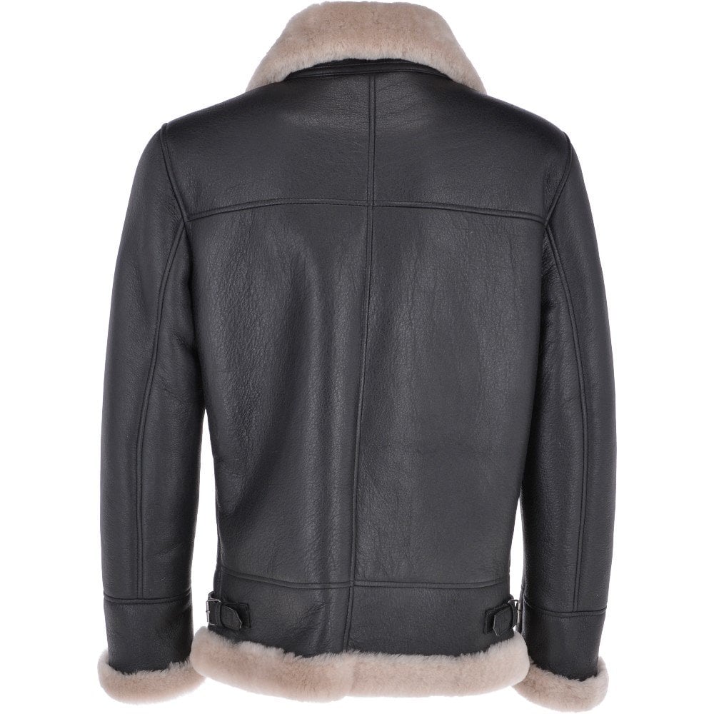 Men’s Brown Shearling Real Black Leather Bomber Jacket