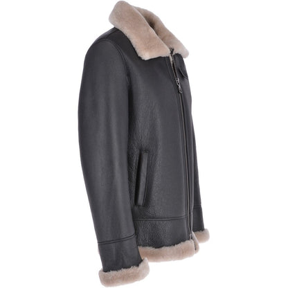 Men’s Brown Shearling Real Black Leather Bomber Jacket