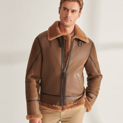 Men's Camel Brown B3 Shearling Pilot Aviator Leather Jacket