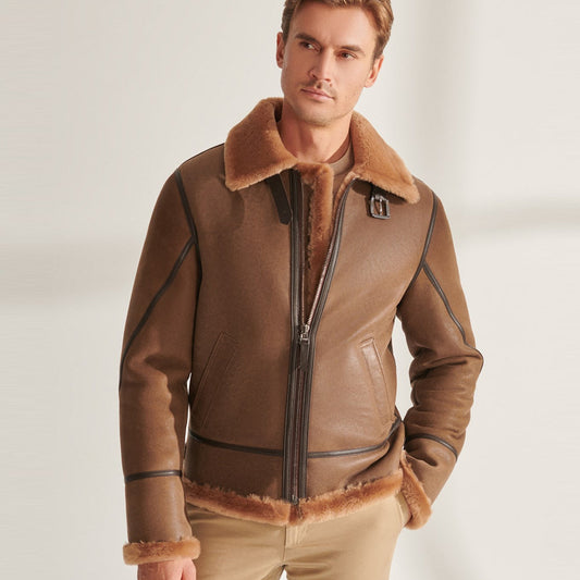 Men's Camel Brown B3 Shearling Pilot Aviator Leather Jacket