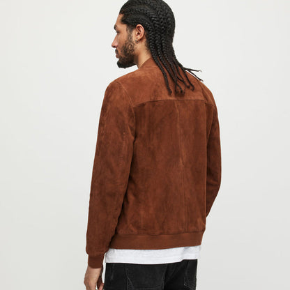 Men’s Classic Brown Suede Leather Bomber Jacket