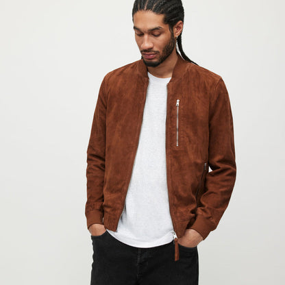 Men’s Classic Brown Suede Leather Bomber Jacket