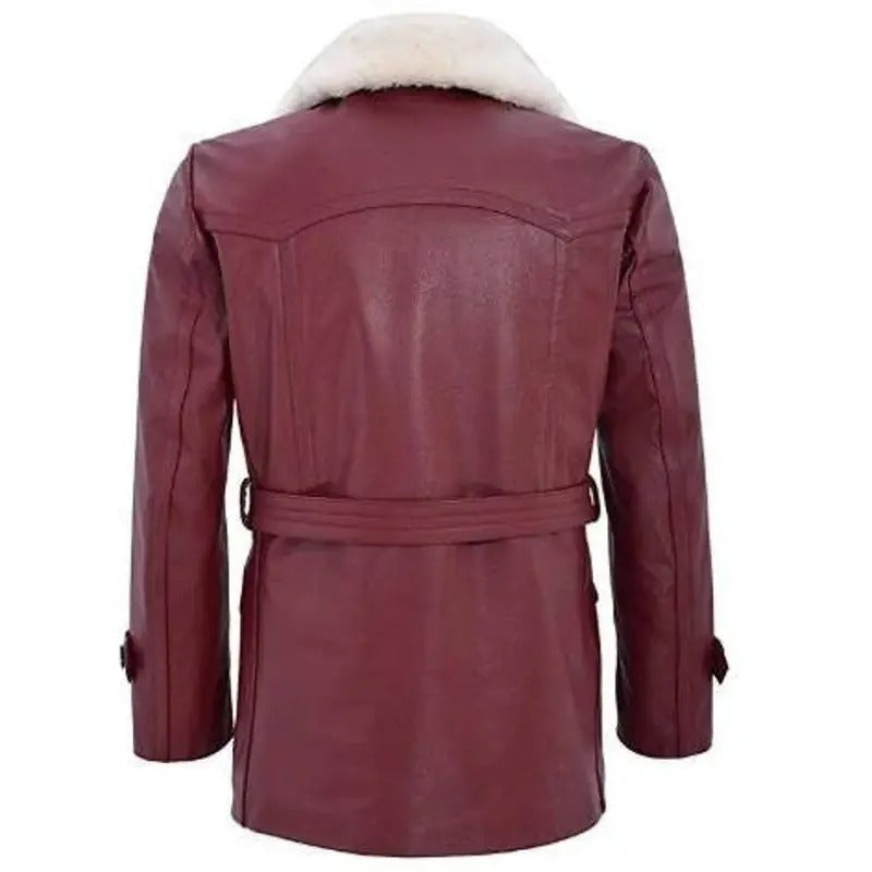 Elegant Dark Red Fur Collar Leather Coat  Avanzar Leather