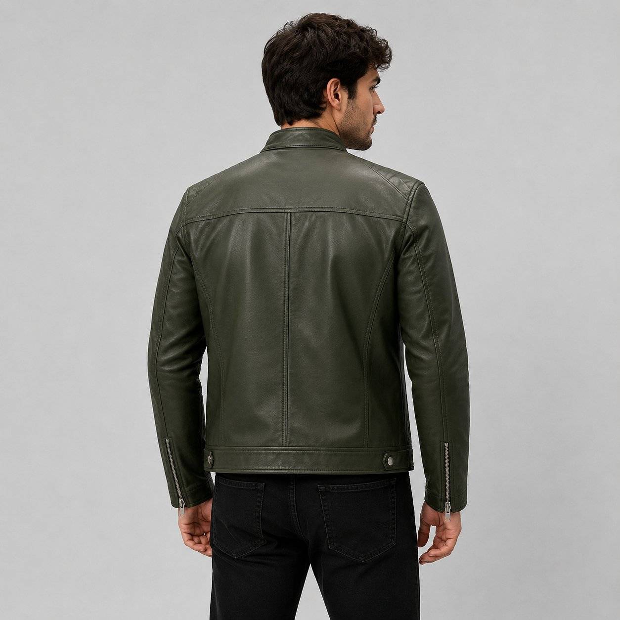 Men Green Genuine Leather Motorcycle Jacket – Slim Fit Biker Design back view by avanzar leather