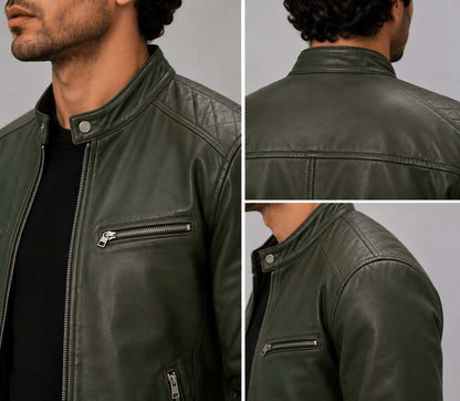 Men Green Genuine Leather Motorcycle Jacket – Slim Fit Biker Design closeup view by avanzar leather