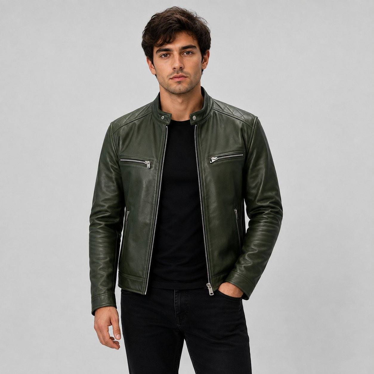 Men Green Genuine Leather Motorcycle Jacket – Slim Fit Biker Design front view by avanzar leather