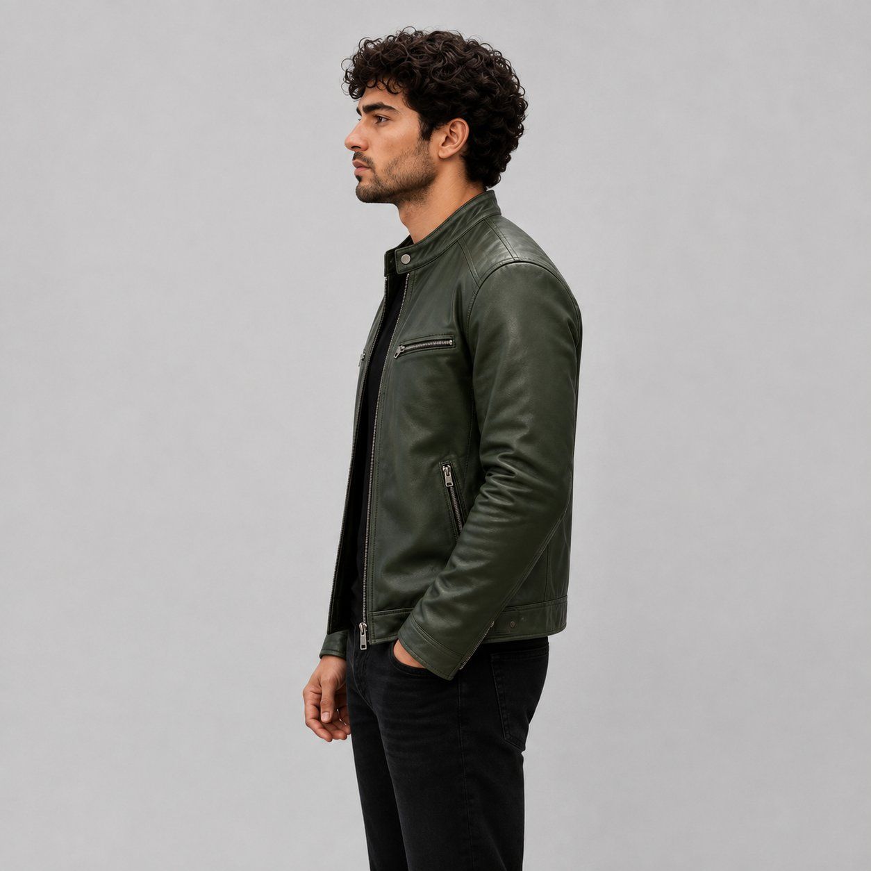 Men Green Genuine Leather Motorcycle Jacket – Slim Fit Biker Design sid view by avanzar leather