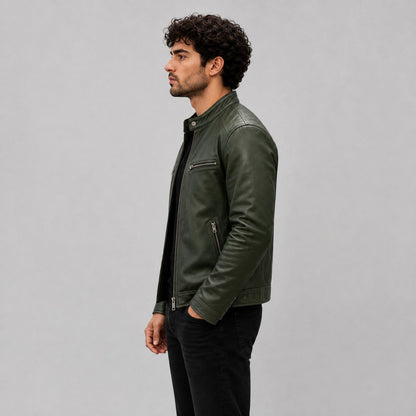 Men Green Genuine Leather Motorcycle Jacket – Slim Fit Biker Design sid view by avanzar leather