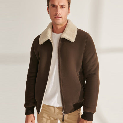 Men’s Khaki Brown Sheepskin Shearling Leather Bomber Jacket