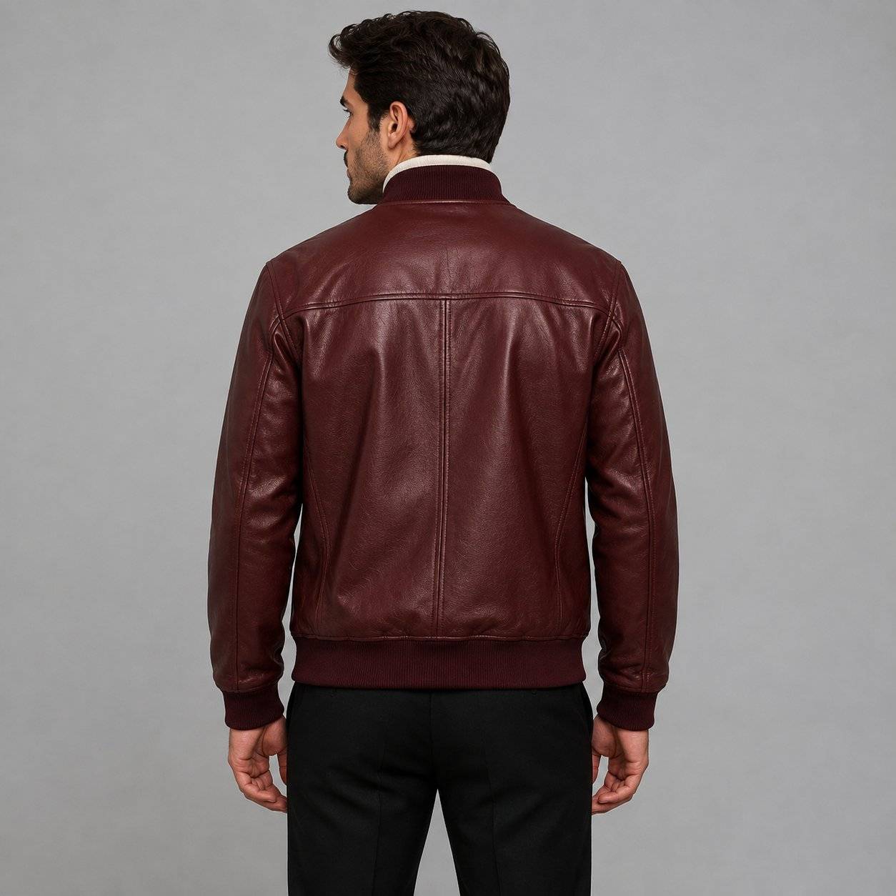 Men Maroon Genuine Leather Bomber Jacket – Distinctive Appeal back view by avanzar leather