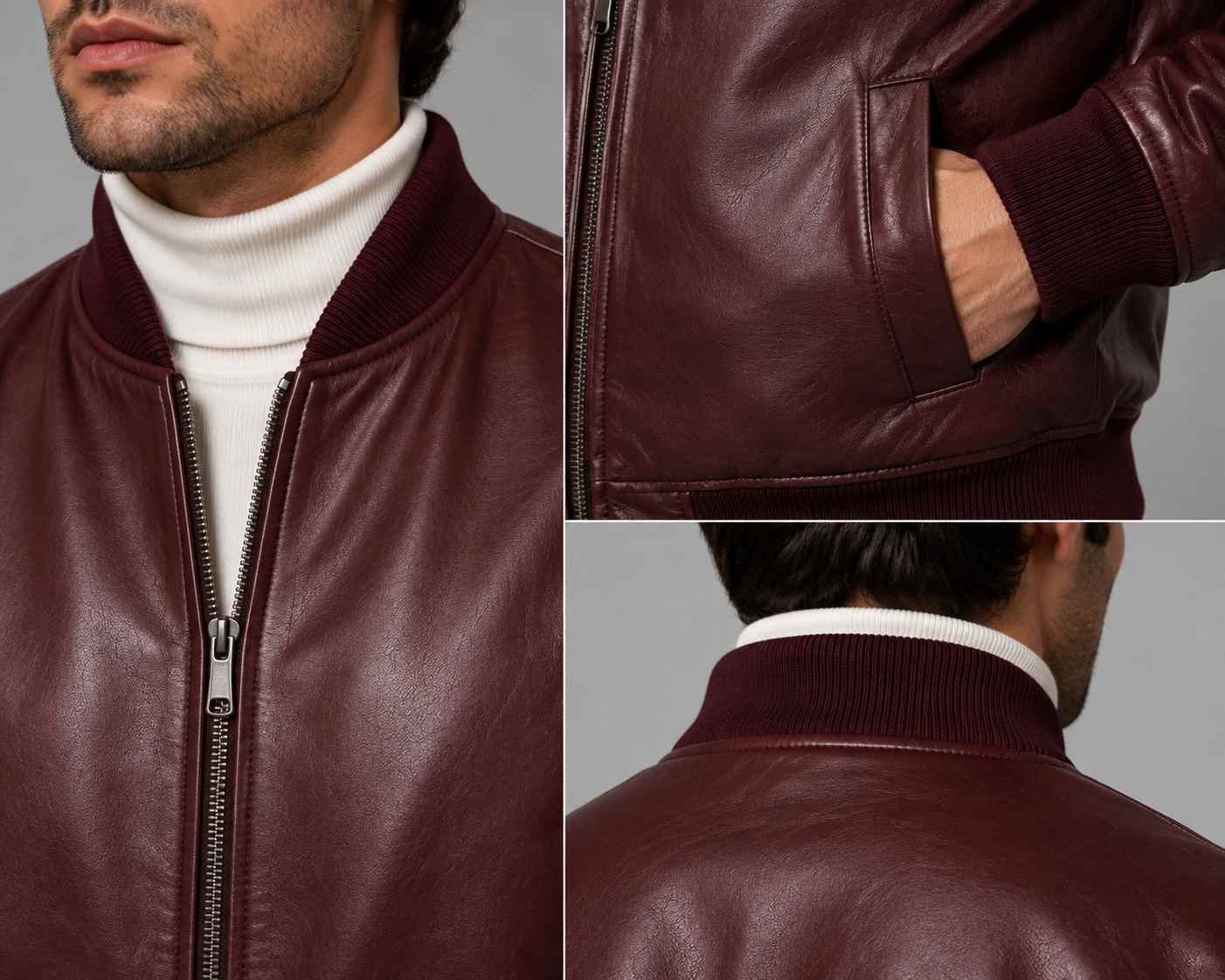 Men Maroon Genuine Leather Bomber Jacket – Distinctive Appeal closeup view by avanzar leather