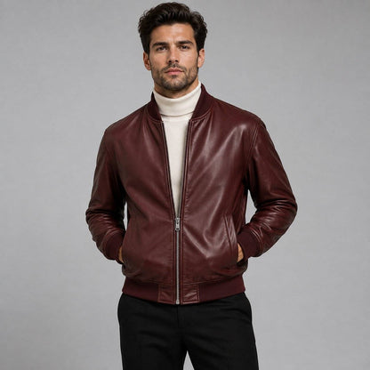 Men Maroon Genuine Leather Bomber Jacket – Distinctive Appeal front view by avanzar leather