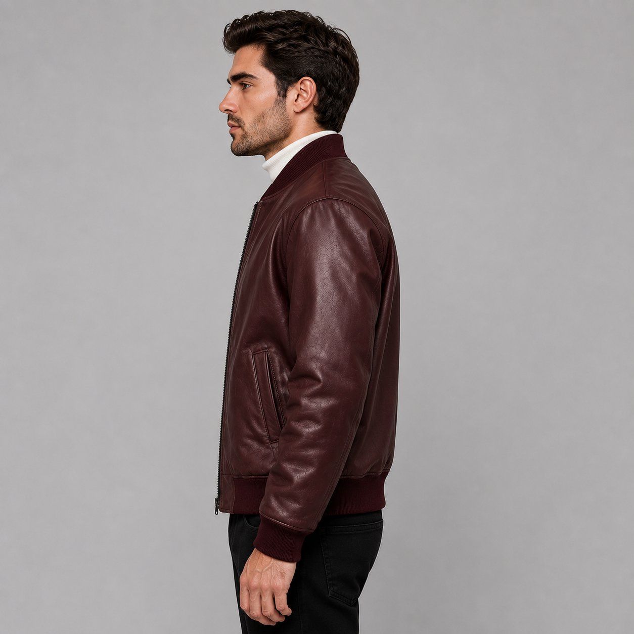 Men Maroon Genuine Leather Bomber Jacket – Distinctive Appeal sid view by avanzar leather