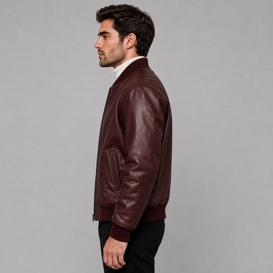 Men Maroon Genuine Leather Bomber Jacket – Distinctive Appeal sid view by avanzar leather