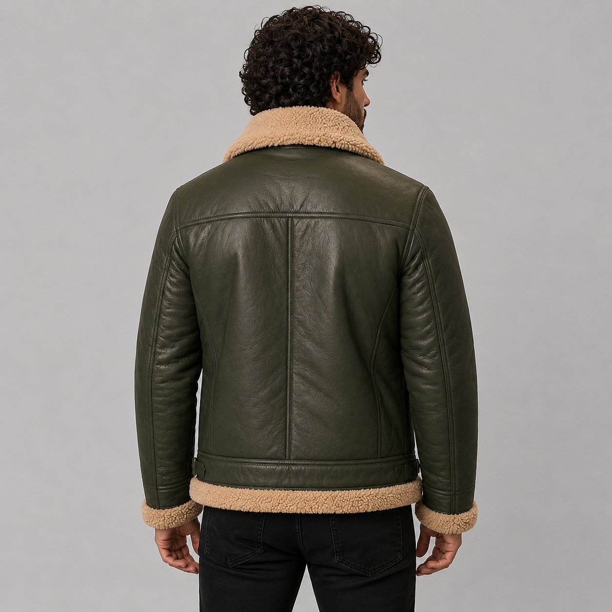 Men Olive Green Genuine Leather Shearling Jacket – Premium Warmth back view by avanzar leather