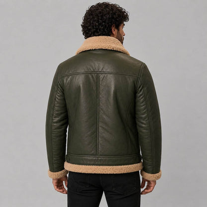 Men Olive Green Genuine Leather Shearling Jacket – Premium Warmth back view by avanzar leather