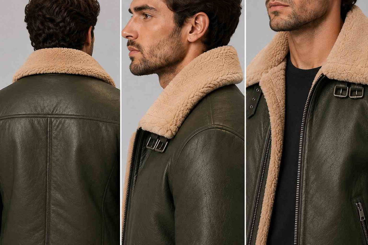 Men Olive Green Genuine Leather Shearling Jacket – Premium Warmth closeup view by avanzar leather