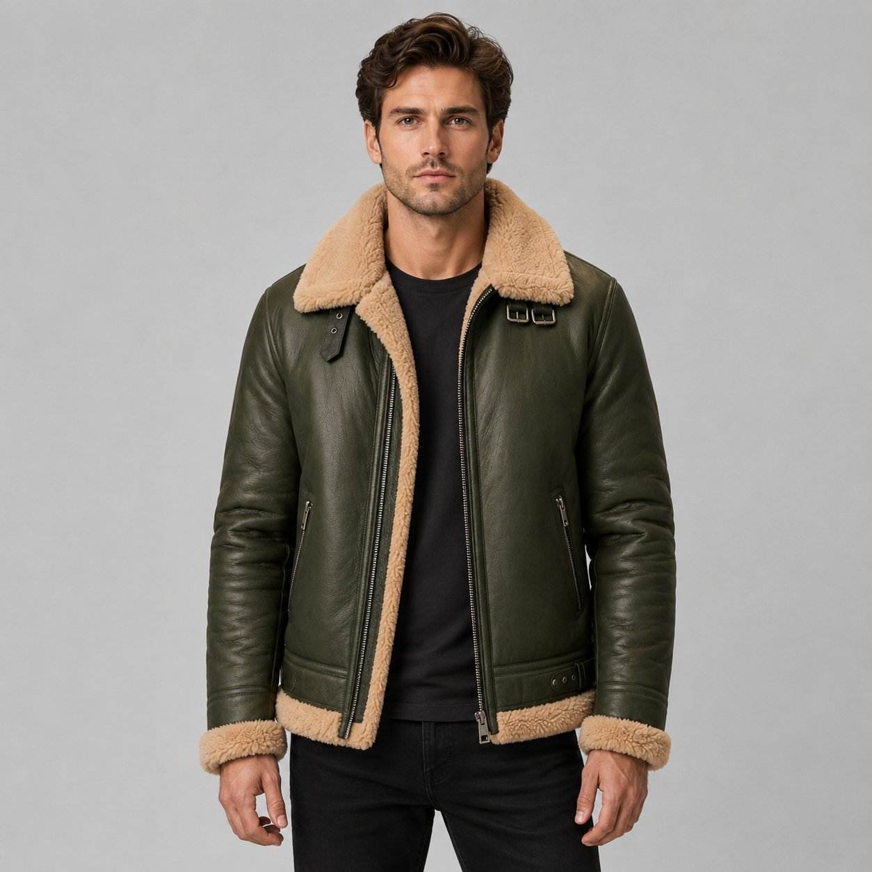 Men Olive Green Genuine Leather Shearling Jacket – Premium Warmth front view by avanzar leather