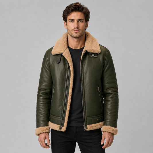 Men Olive Green Genuine Leather Shearling Jacket – Premium Warmth front view by avanzar leather
