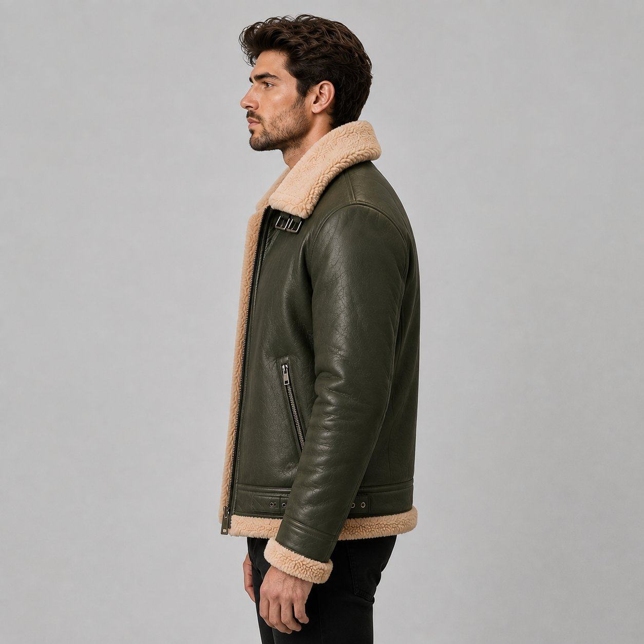 Men Olive Green Genuine Leather Shearling Jacket – Premium Warmth sid view by avanzar leather