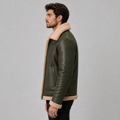 Men Olive Green Genuine Leather Shearling Jacket – Premium Warmth sid view by avanzar leather