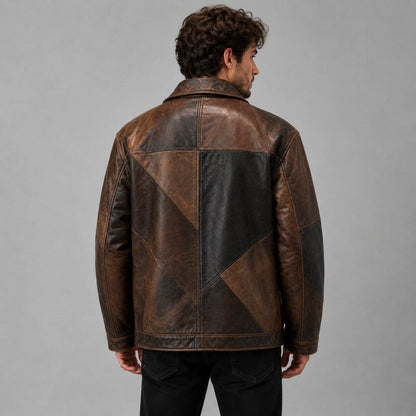 Men Patchwork Genuine Leather Jacket Vintage Brown Paneled Bomber Coat back view  by avanzar leather
