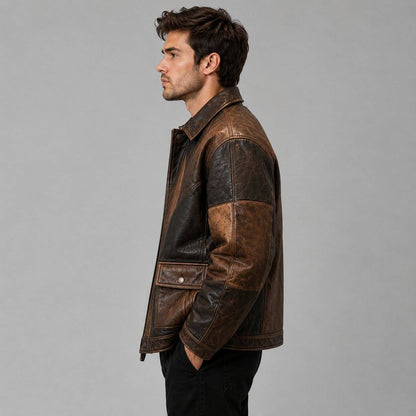 Men Patchwork Genuine Leather Jacket Vintage Brown Paneled Bomber Coat sid view  by avanzar leather