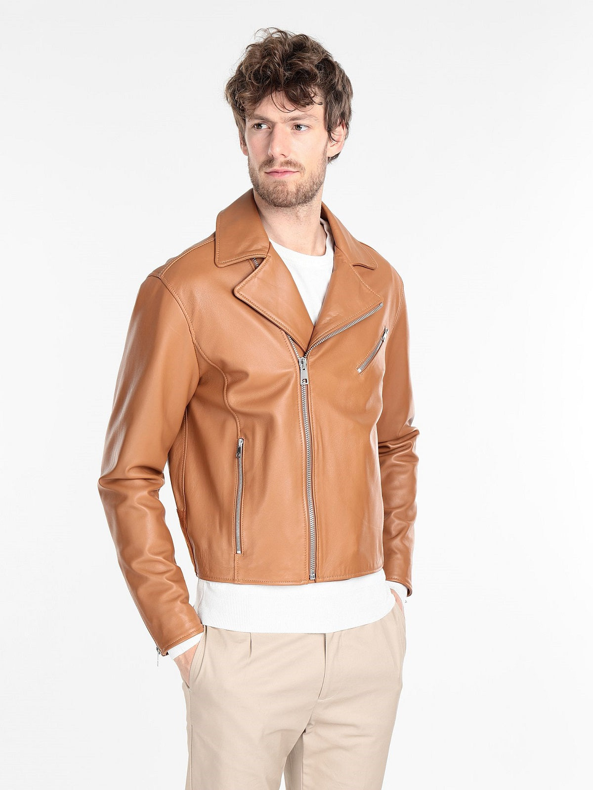 Men Tan Brown Biker Leather Jacket