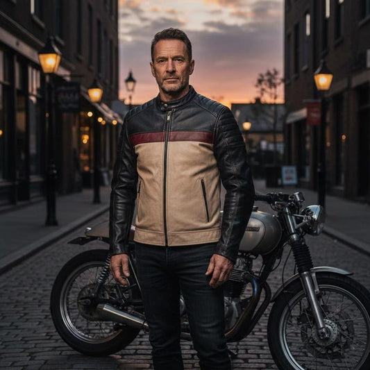 Men Beige Black Cafe Racer Leather Jacket