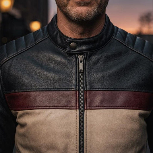 Men Beige Black Cafe Racer Leather Jacket