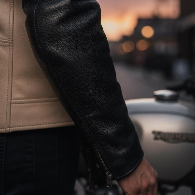 Men Beige Black Cafe Racer Leather Jacket