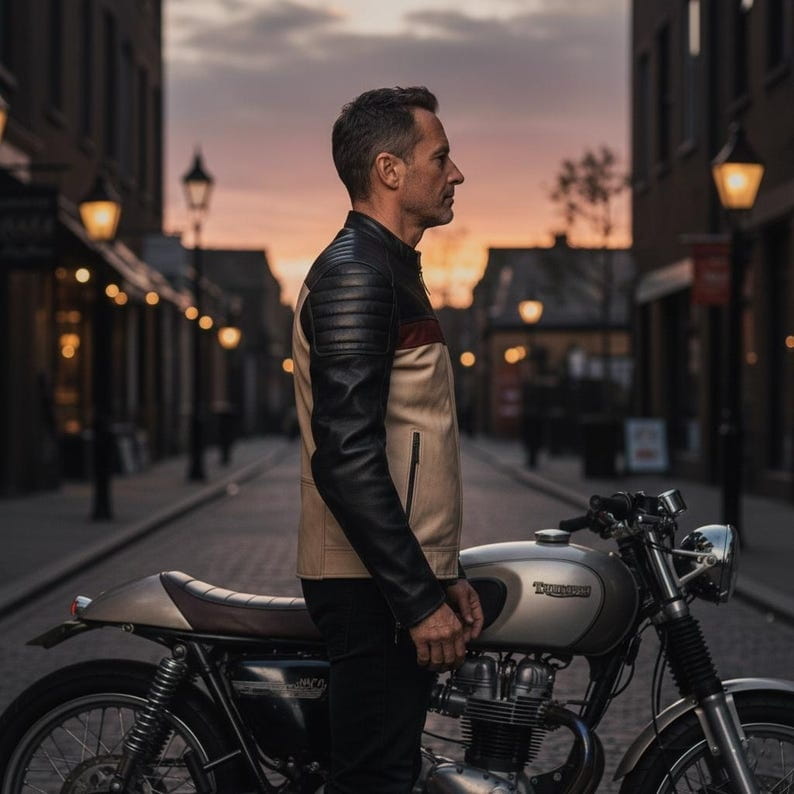 Men Beige Black Cafe Racer Leather Jacket
