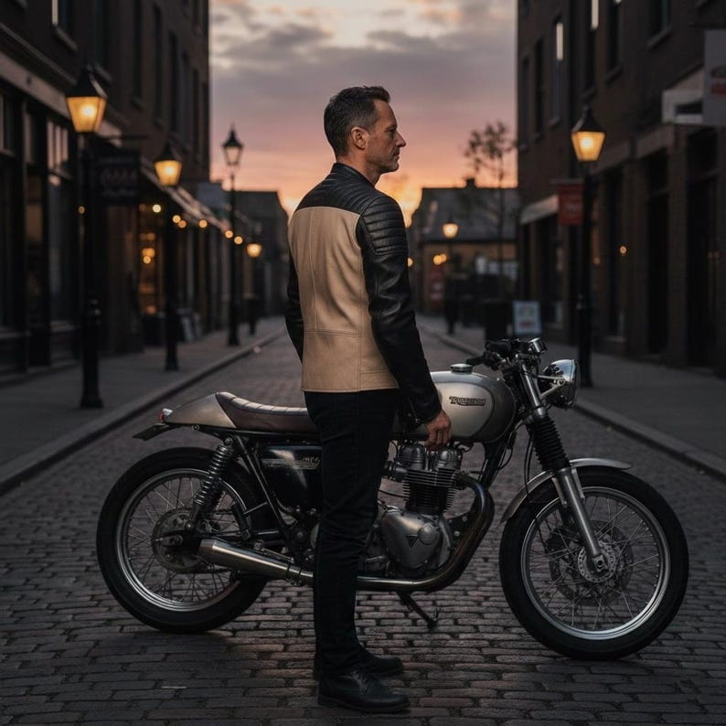 Men Beige Black Cafe Racer Leather Jacket