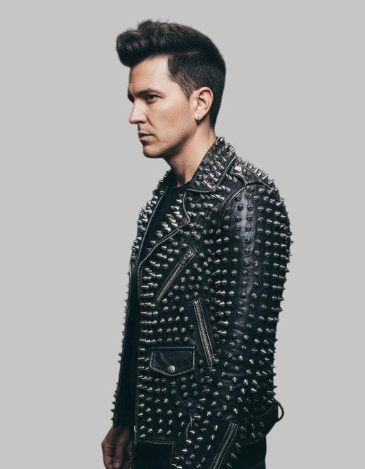 Men Black Brando Studded Rockstar Leather Jacket