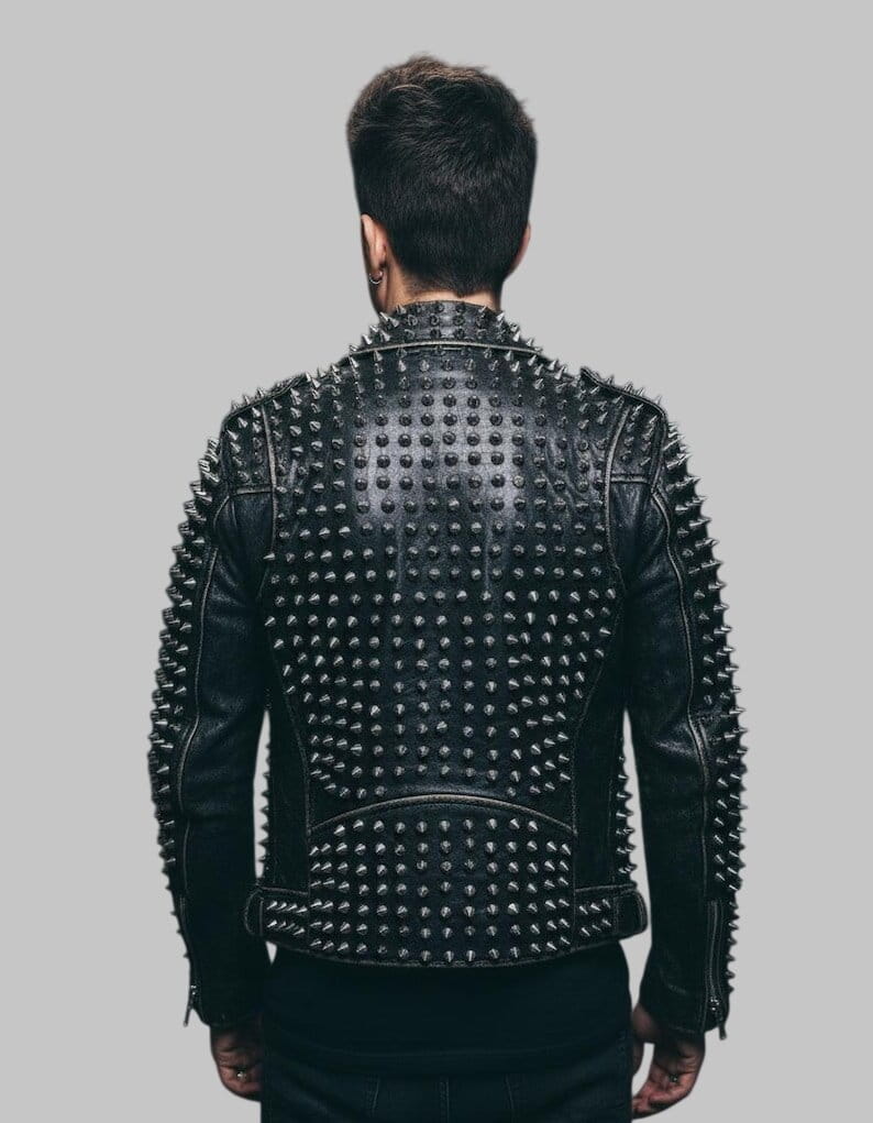 Men Black Brando Studded Rockstar Leather Jacket