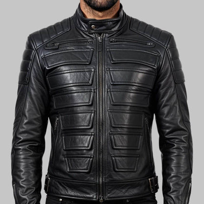 Men Black Cyberpunk Padded Moto Leather Jacket