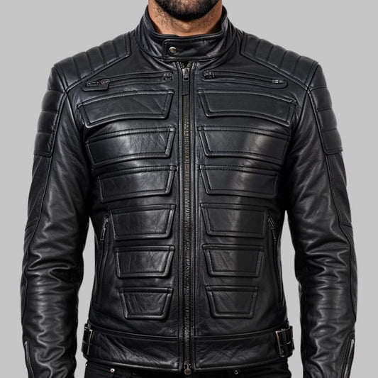 Men Black Cyberpunk Padded Moto Leather Jacket