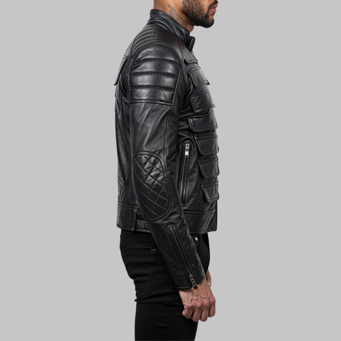 Men Black Cyberpunk Padded Moto Leather Jacket