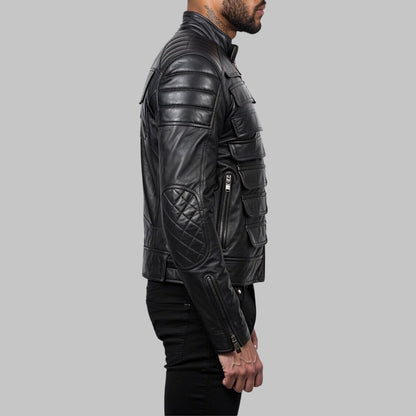Men Black Cyberpunk Padded Moto Leather Jacket