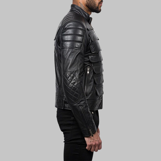 Men Black Cyberpunk Padded Moto Leather Jacket