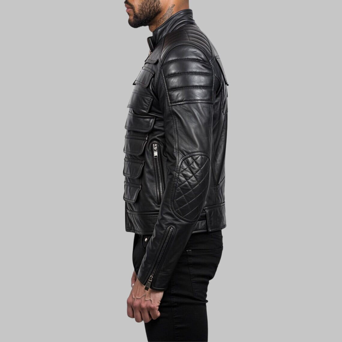 Men Black Cyberpunk Padded Moto Leather Jacket