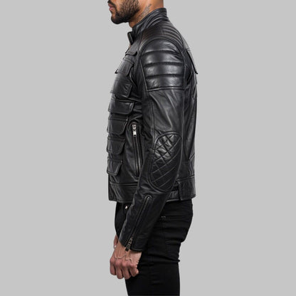 Men Black Cyberpunk Padded Moto Leather Jacket