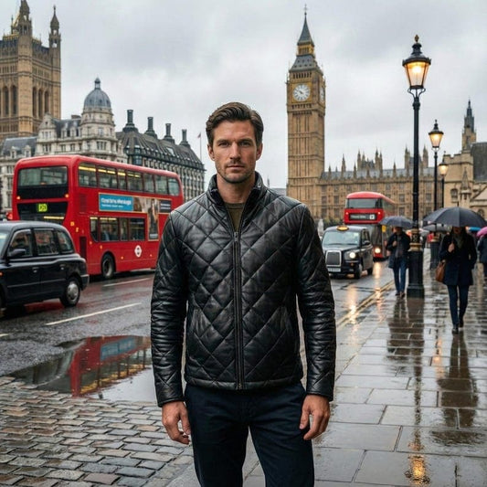 Men Black Lambskin Diamond Quilted Leather Puffer Jacket