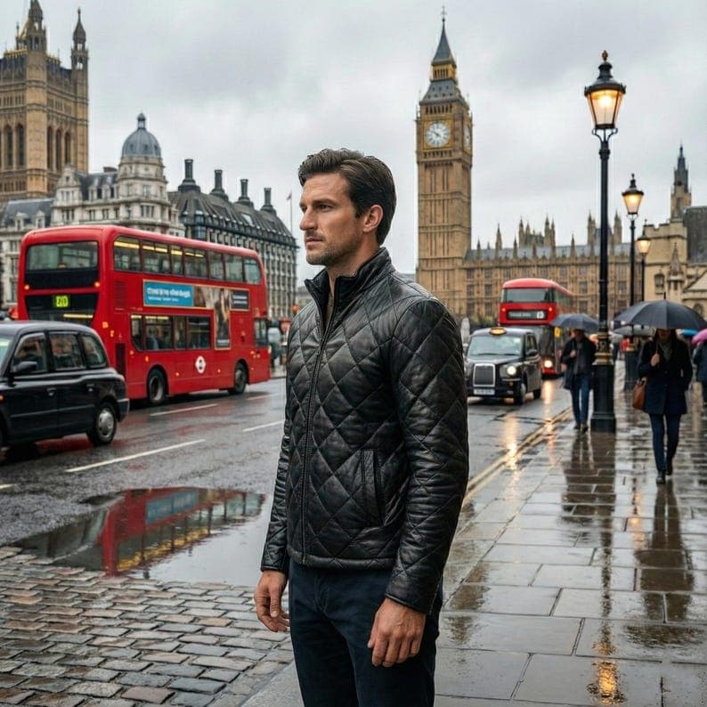 Men Black Lambskin Diamond Quilted Leather Puffer Jacket