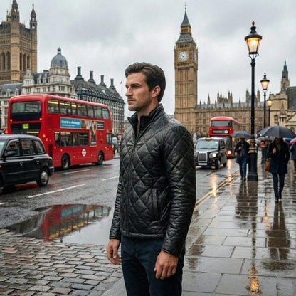 Men Black Lambskin Diamond Quilted Leather Puffer Jacket