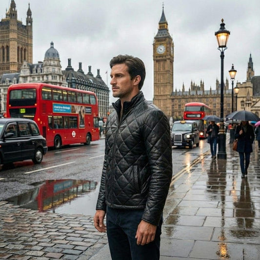 Men Black Lambskin Diamond Quilted Leather Puffer Jacket