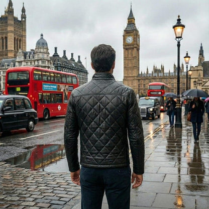 Men Black Lambskin Diamond Quilted Leather Puffer Jacket