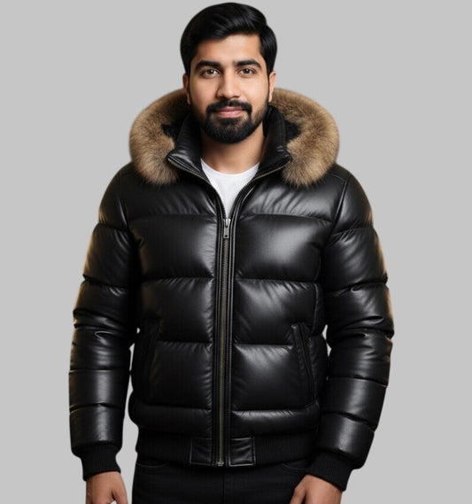 Men Black Leather Puffer Jacket Fur Hood