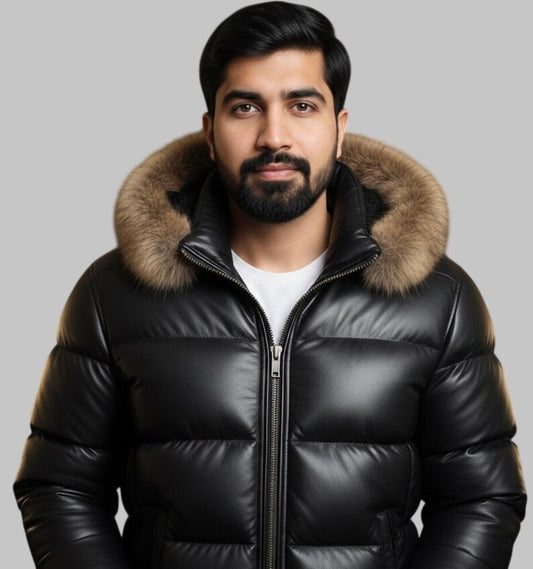 Men Black Leather Puffer Jacket Fur Hood
