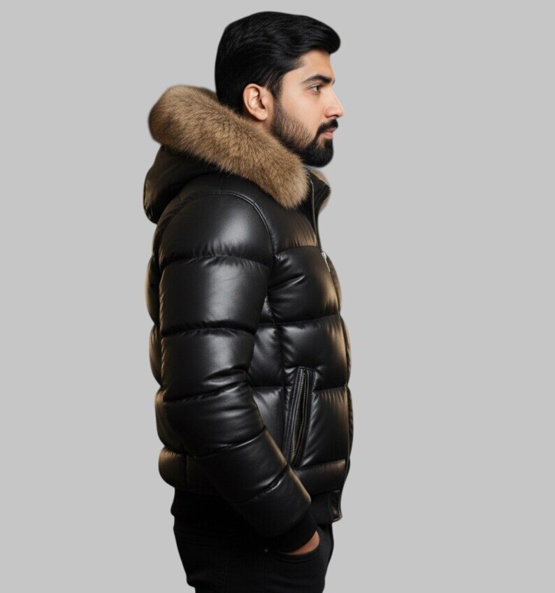 Men Black Leather Puffer Jacket Fur Hood